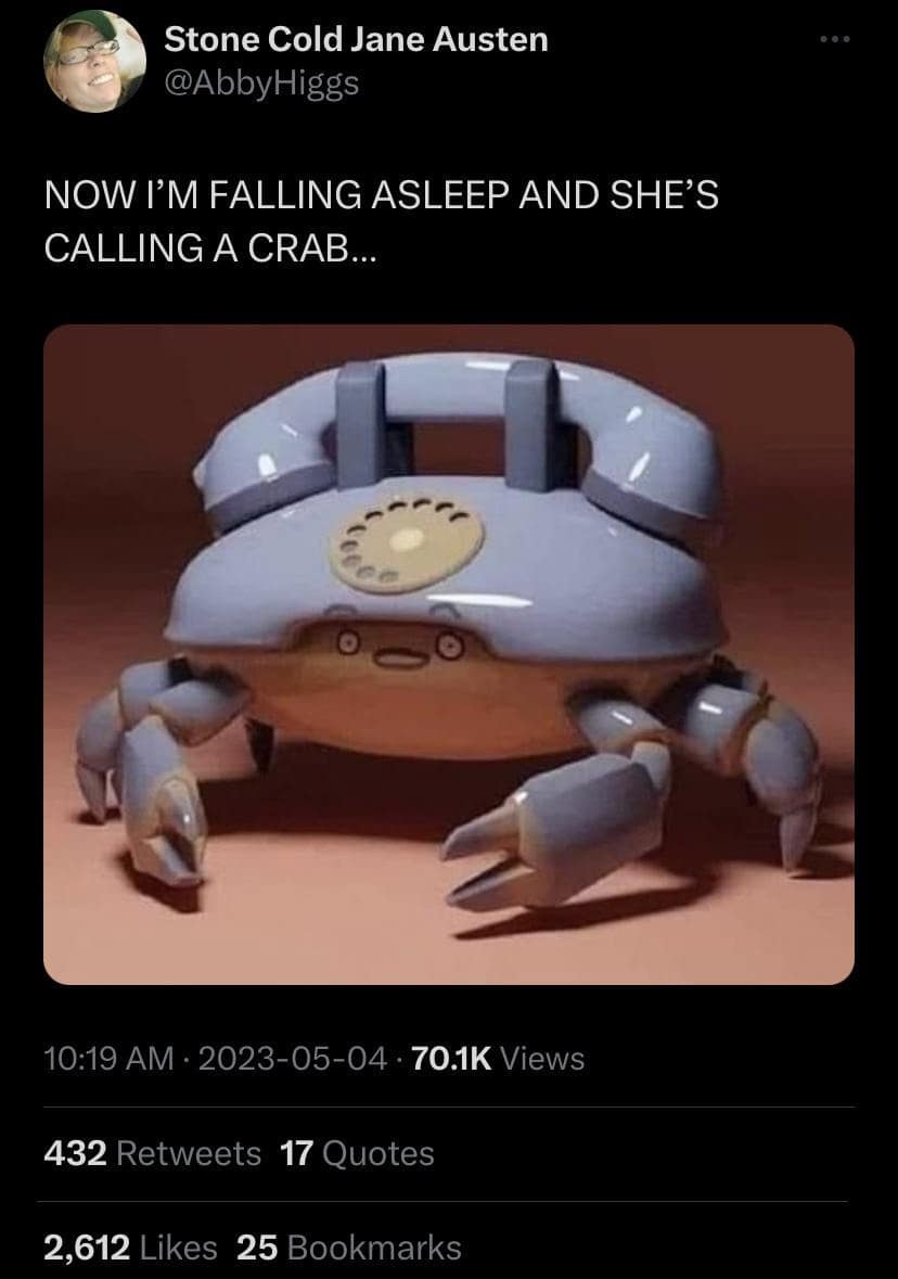 A 3D model of a vintage rotary telephone shaped like a crab, paired with a tweet spoofing Mr. Brightside lyrics in a viral classic meme.