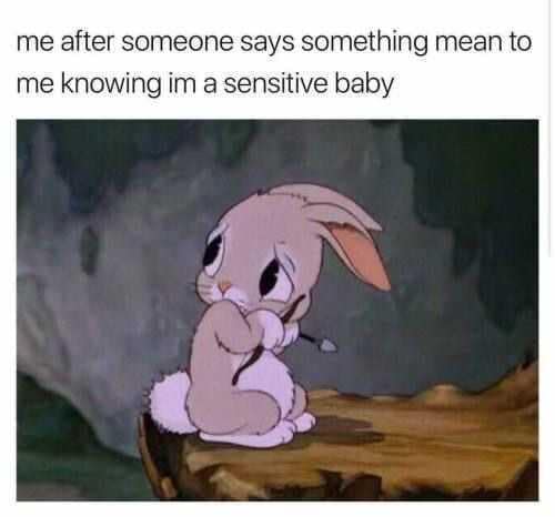 A vulnerable emotional reaction classic meme showing a cute, sad animated rabbit sitting on a tree stump with drooping ears under text about taking mean comments personally as a sensitive person.