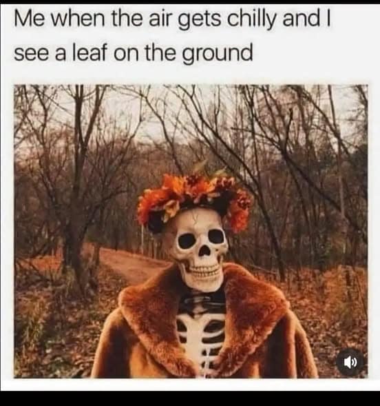 Skeleton posing in a lavish fur coat and autumn leaf crown in the woods, celebrating the arrival of fall weather at the first hint of a chilly breeze.