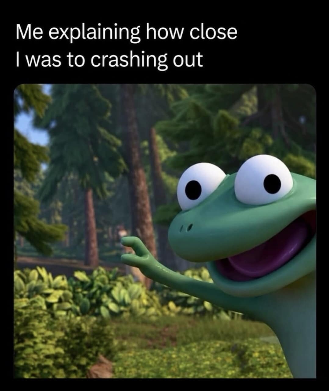 Wide-eyed animated green frog character gesturing intensely to illustrate the precise physical threshold of almost completely losing one's temper.