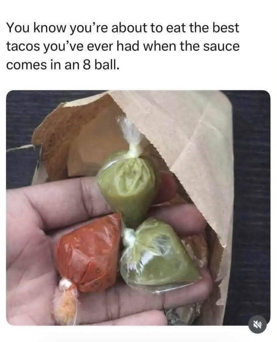 Hand holding a brown paper bag containing green and red taco truck salsa tied into tiny plastic baggies that closely resemble street 8-balls.
