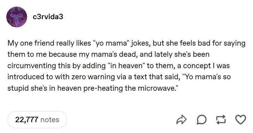 A dark humor text post captured as a classic meme where user c3rvida3 shares an unexpected "yo mama in heaven" joke about pre-heating microwaves.