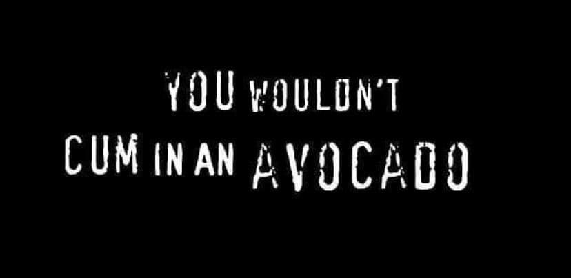 Parody of the early 2000s DVD anti-piracy warning screen featuring distressed white text on a pitch-black background reading "YOU WOULDN'T C*M IN AN AVOCADO," capturing unhinged classic meme humor.
