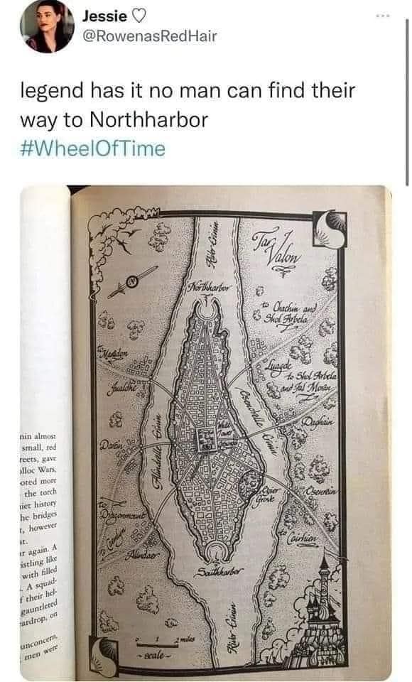 Twitter screenshot displaying an official map of Tar Valon from The Wheel of Time book series, featuring an island layout whose shape uncannily resembles female anatomy in a classic meme.