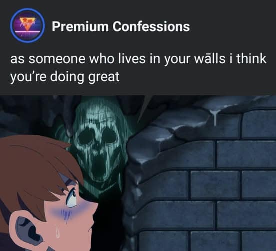 Anime scene of a terrifying skeletal entity lurking inside a brick wall gap, paired with a surprisingly supportive note from the entity living in your walls.