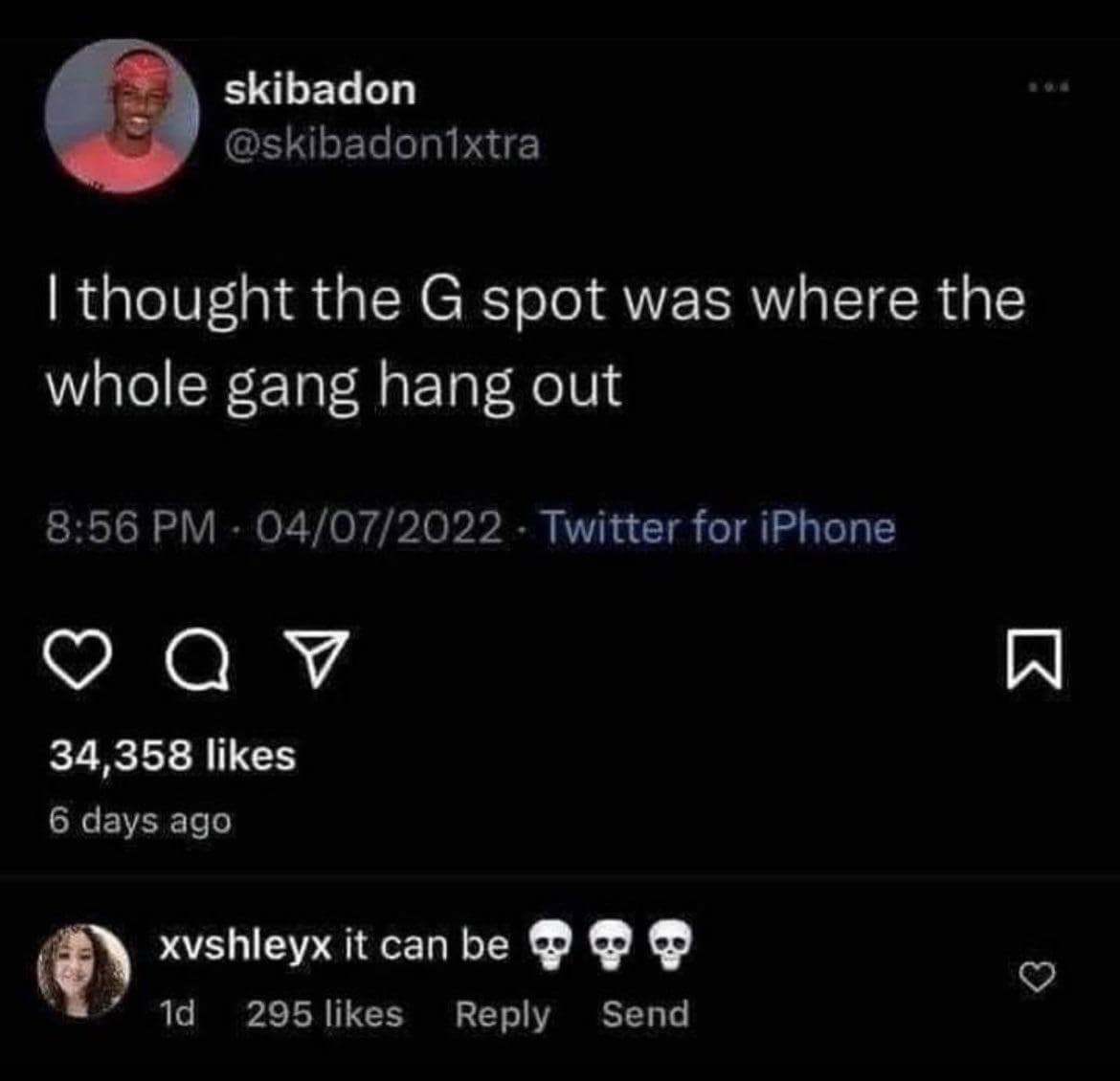 Screenshot of a text tweet misinterpreting the G-spot as a crew hangout location, paired with a funny social media reply confirming that definition.