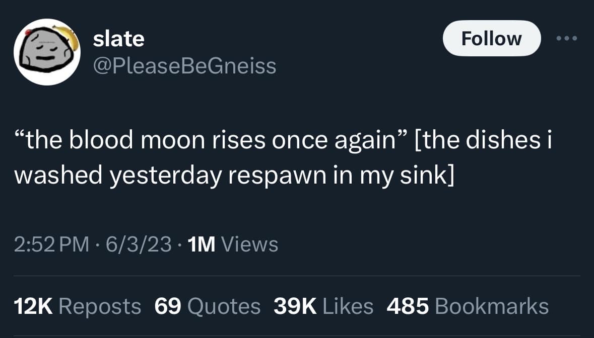 An X post referencing The Legend of Zelda: Breath of the Wild Blood Moon respawn mechanic to joke about dirty dishes reappearing overnight in the kitchen sink.