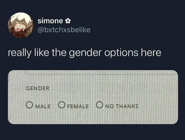 Digital survey form offering radio button options for Male, Female, and "NO THANKS" under the gender selection section.