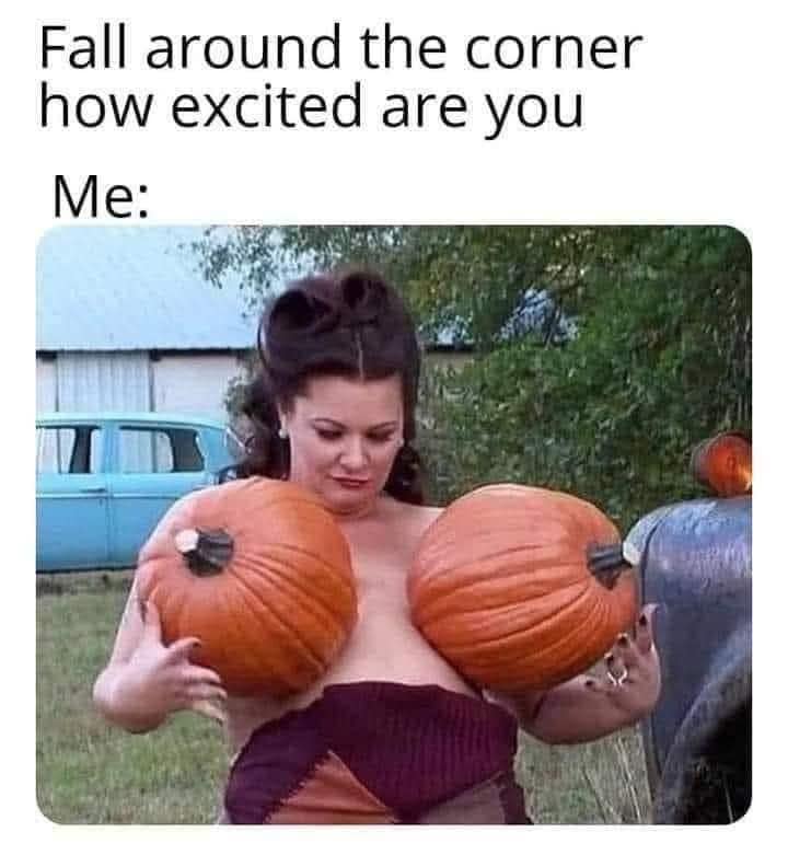 A hilarious autumn celebration photo serving as a classic meme featuring a pinup woman wearing a brown outfit while holding two massive pumpkins directly against her chest like oversized breasts.