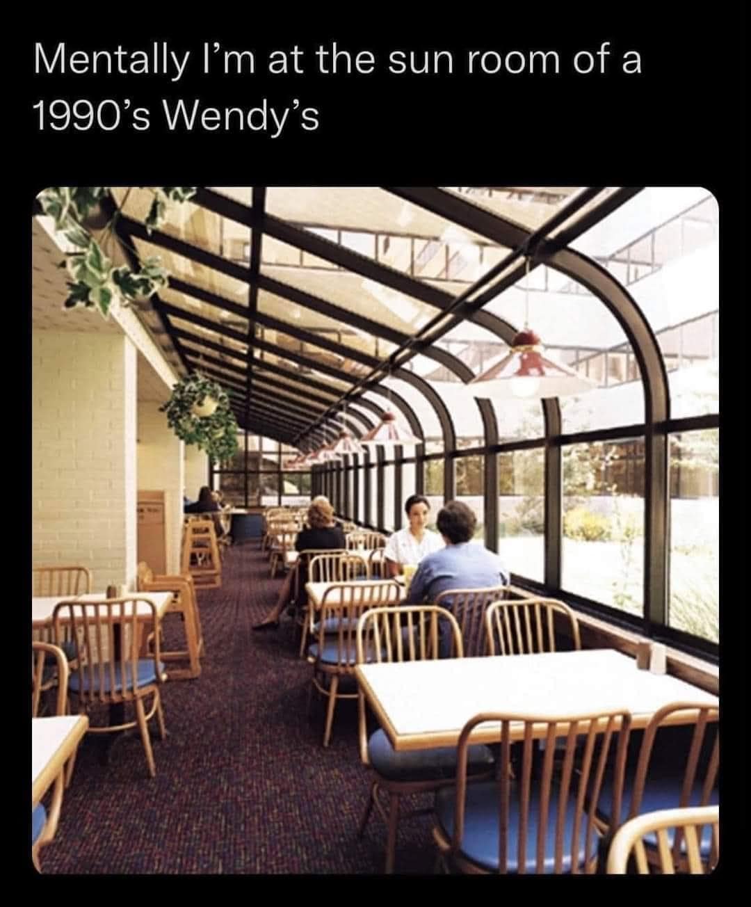 Nostalgic interior shot of a vintage 1990s Wendy's sunroom dining area with curved glass windows, hanging plants, and wooden chairs, serving as a comfort-state classic meme.