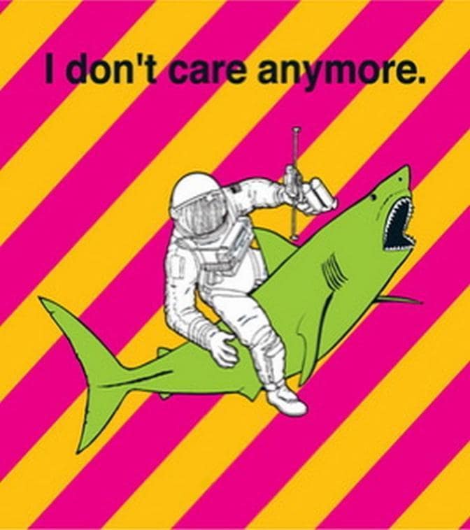 Retro absurdism vintage memes graphic showing an astronaut in full space gear holding a ray gun while riding a green shark on a pink and yellow striped background.