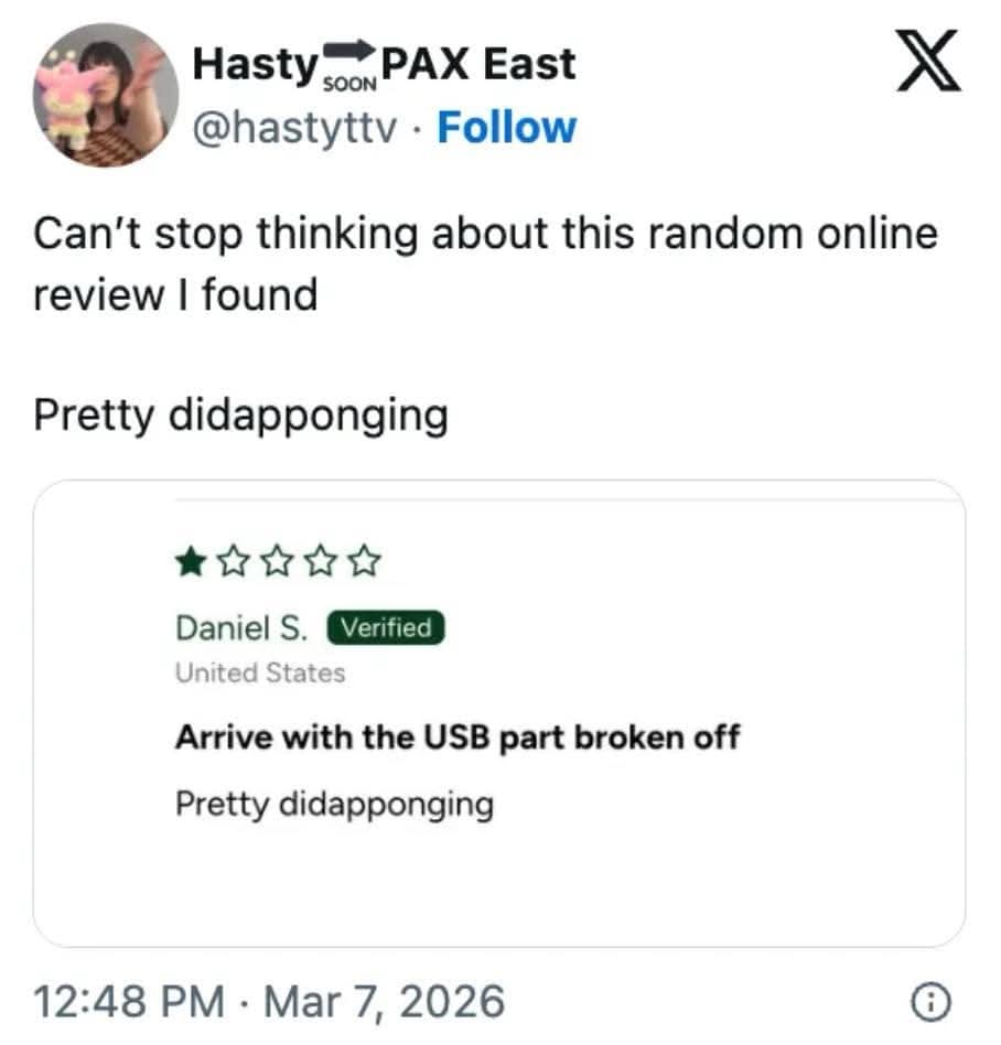 Social media screenshot highlighting a hilarious one-star online review for a broken electronic device that ends with the typo "Pretty didapponging."