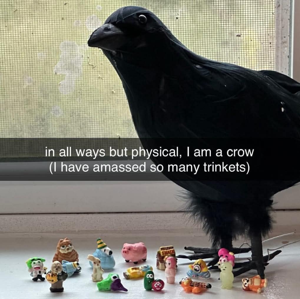 Hoarding tendency post in this classic meme collection showing a crow figurine guarding a massive pile of mini plastic trinkets on a windowsill.