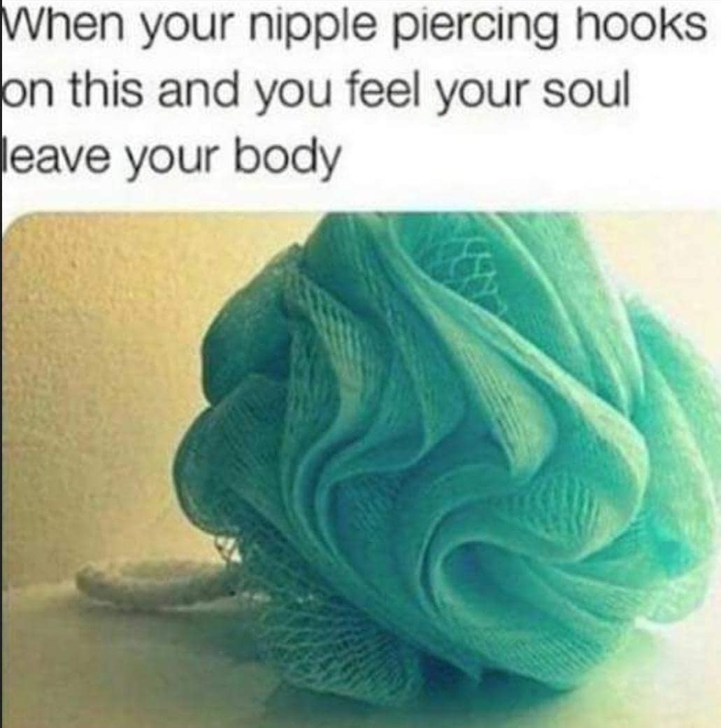 Close-up photo of a mesh shower loofah paired with text describing the excruciating soul-leaving shock of snagging a body piercing on it.