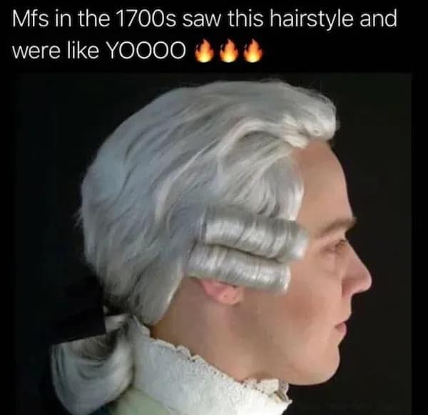 A hilarious history-themed classic meme showing a side-profile view of a powdered 18th-century wig with rolled side curls, mocking how people in the 1700s hyped up colonial hairstyles.