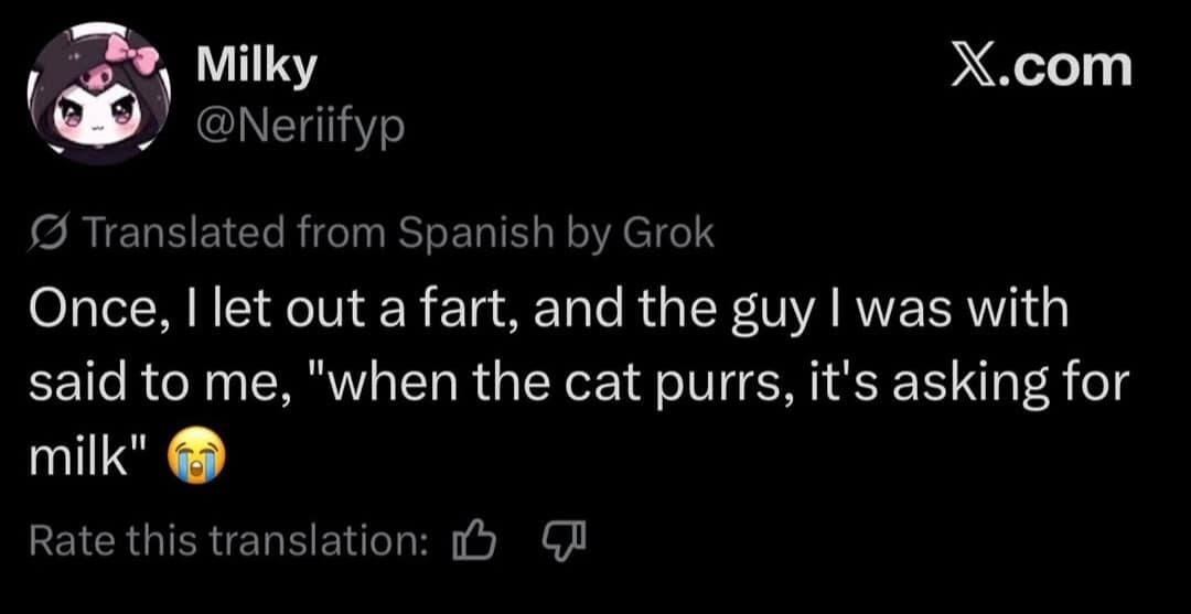 An awkward dating interaction classic meme displaying a tweet translation where a girl recalls farting in front of a guy who replied, "when the cat purrs, it's asking for milk."