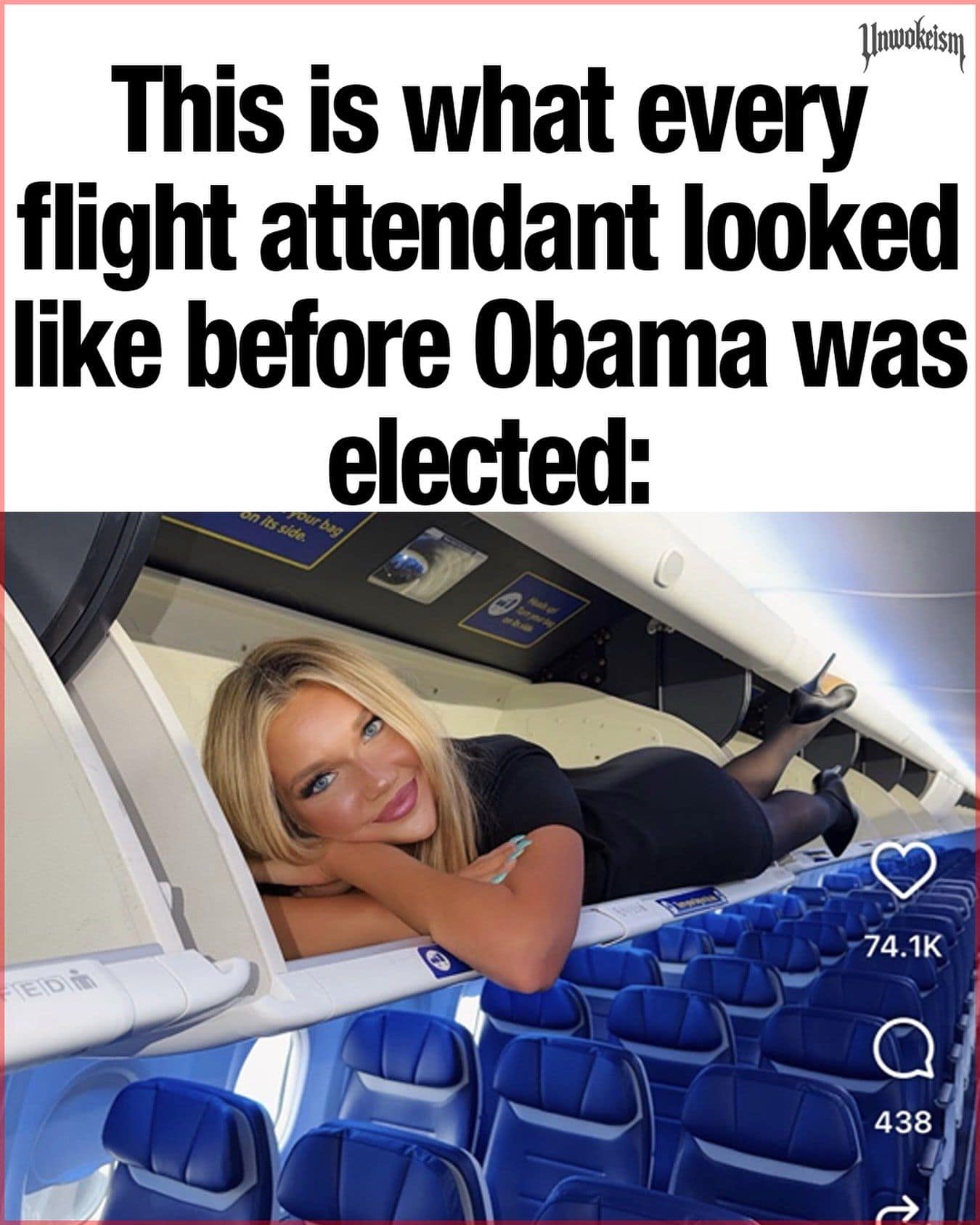 Satirical internet post featuring a glamorous blonde flight attendant in high heels lounging inside an open airplane overhead luggage compartment.