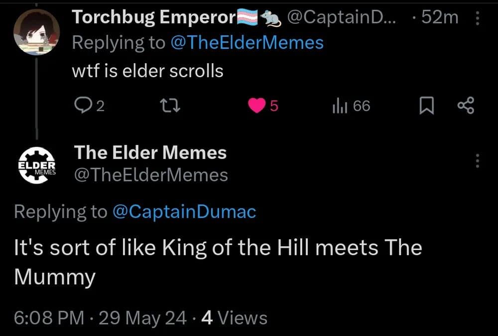 A hilarious video game summary tweet featured in this classic meme set describing The Elder Scrolls as a mashup of King of the Hill and The Mummy.