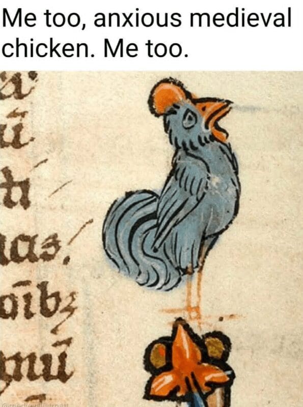 An illuminated manuscript art old memes entry showing a panicked medieval chicken squawking under text expressing relatable anxiety.