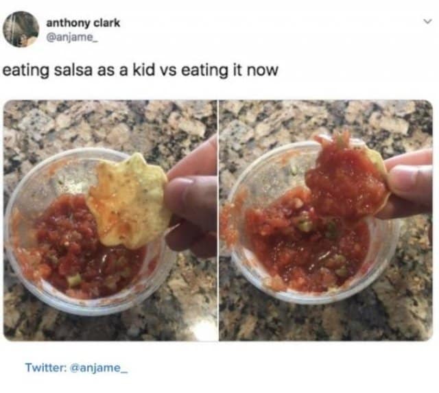 Side-by-side comparison photos showing a single tortilla chip with a tiny speck of salsa versus a chip overloaded with chunky red salsa to highlight growing up.