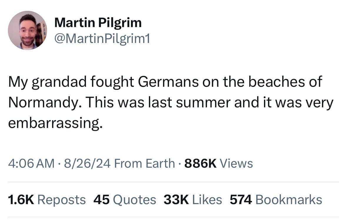 A historical misunderstanding tweet operating as a classic meme by Martin Pilgrim about his grandfather fighting Germans on Normandy beaches during a vacation last summer.