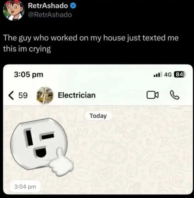 Text message screenshot where an electrician sends a custom graphic of a winking, thumbs-up electrical outlet to a homeowner.