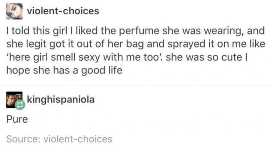 A wholesome interaction post in this classic meme collection sharing a story about a girl spraying her perfume on a stranger so they could "smell sexy together."