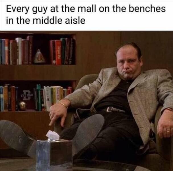 Tony Soprano slouched deeply into an armchair with his feet kicked up, capturing the universal exhaustion of mall husbands waiting on center-aisle benches in this classic meme.