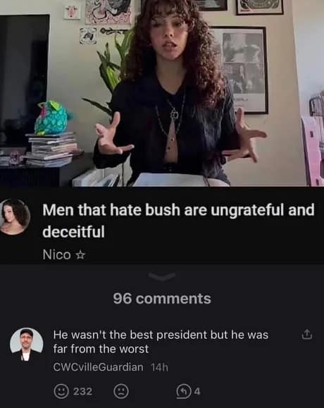Screenshot of a comment thread where an innocent post about body hair preference receives a confused political defense of former President George W. Bush.