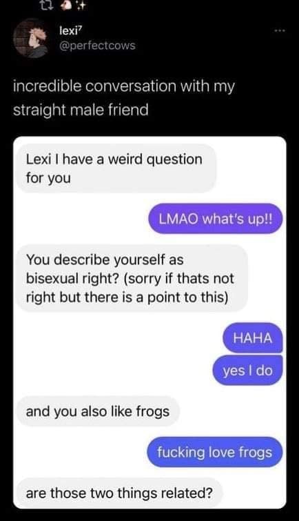 Quirky text message thread featured as a classic meme where a straight male friend sincerely asks a bisexual friend if her sexuality and her obsession with frogs are scientifically connected.