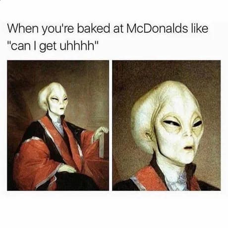 An alien in historical regal robes gazes into the void in two panels, perfectly illustrating standing frozen at a fast-food counter while high in a classic old memes format.