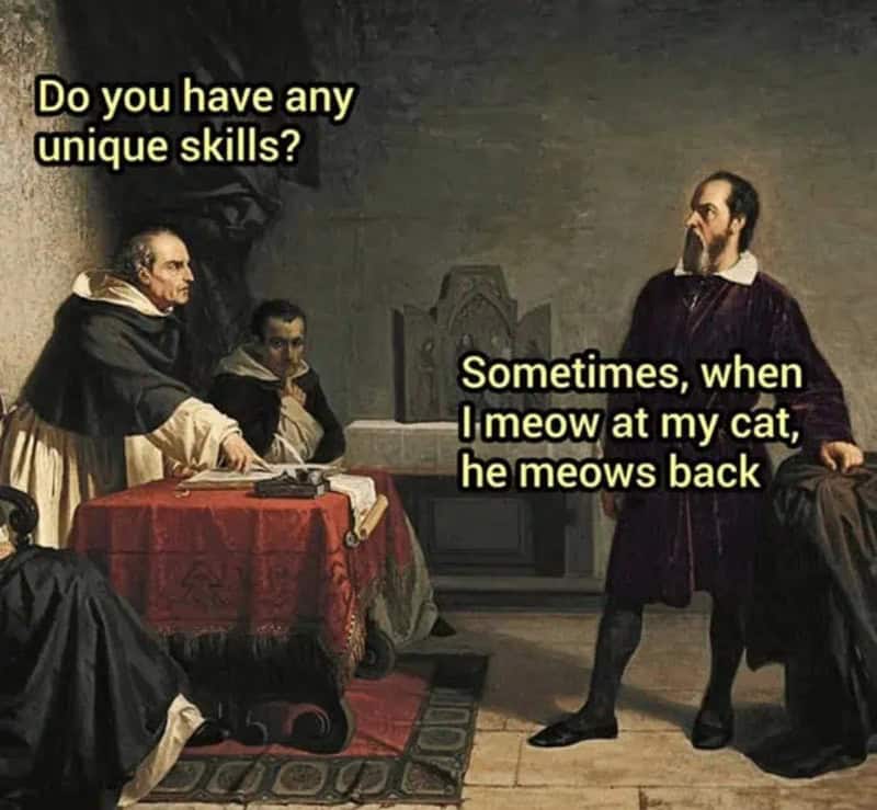 A job interview humor classical art meme utilizing a painting of Galileo standing before the Inquisition tribunal to present "meowing back at a cat" as a legitimate resume skill.
