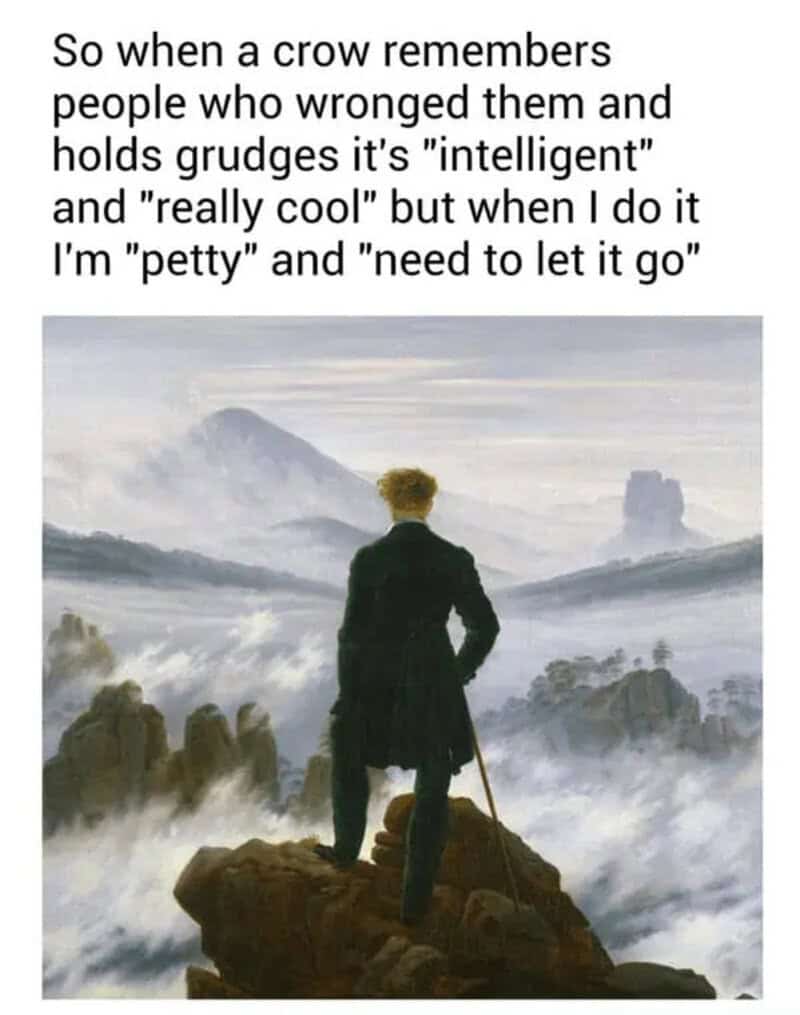 A philosophical classical art meme using Caspar David Friedrich's Wanderer above the Sea of Fog, overlaying a text debate comparing crows holding intelligence-based grudges to humans being called petty for doing the same.