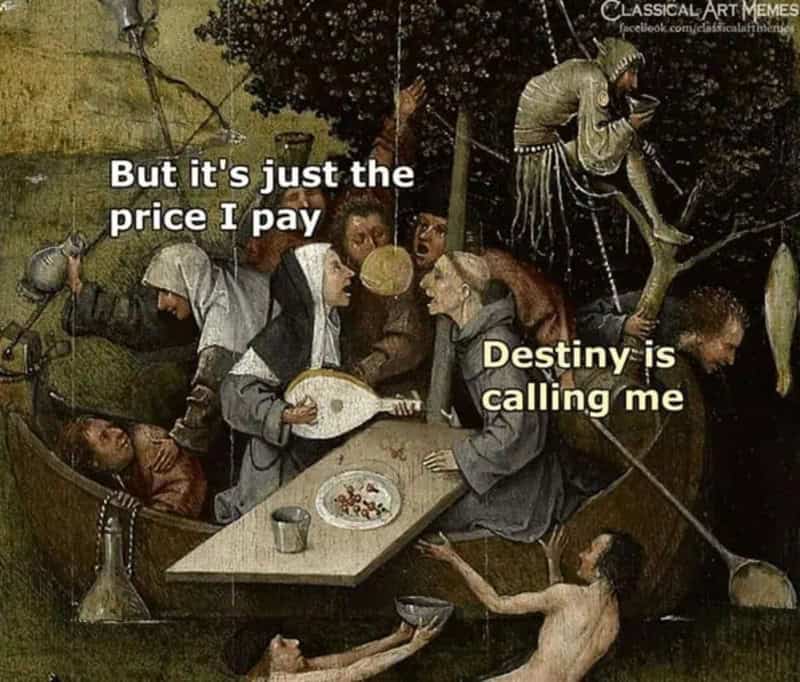 Pop-rock song lyric satire classical art meme placing lyrics from The Killers' "Mr. Brightside" over Hieronymus Bosch's chaotic medieval painting Ship of Fools.