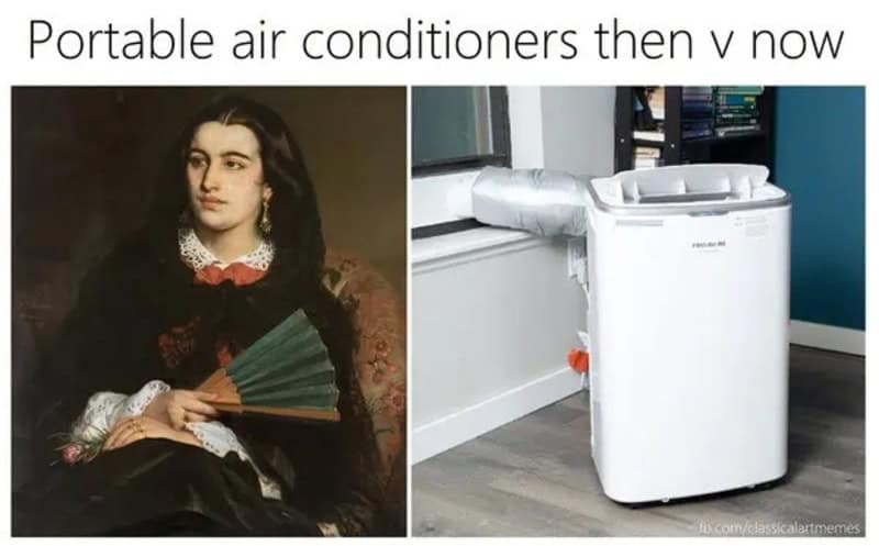 Historical cooling comparison classical art meme pairing a classic oil portrait of a noblewoman holding a handheld paper fan next to a photo of a modern portable window AC unit.