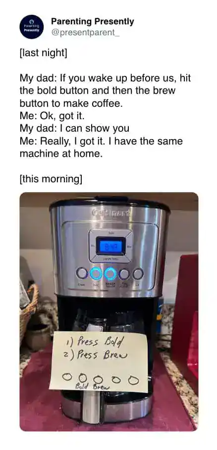 A hilarious domestic coffee meme showing a stainless steel Cuisinart coffee machine with a handwritten sticky note attached, featuring a diagram and explicit two-step instructions to press Bold then Brew.