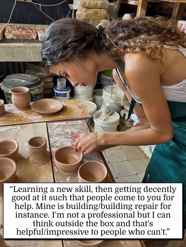Woman crafting pottery bowls at workshop table with skill building confidence hacks quote.