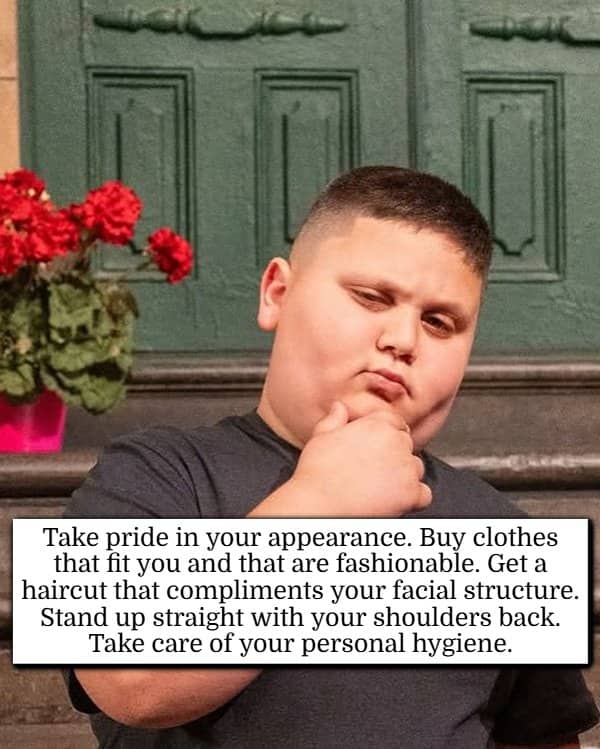 Young man resting his chin thoughtfully with text overlay about confidence hacks and appearance.