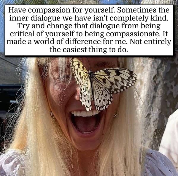 Woman smiling happily with butterfly covering eye with confidence hacks self compassion quote.