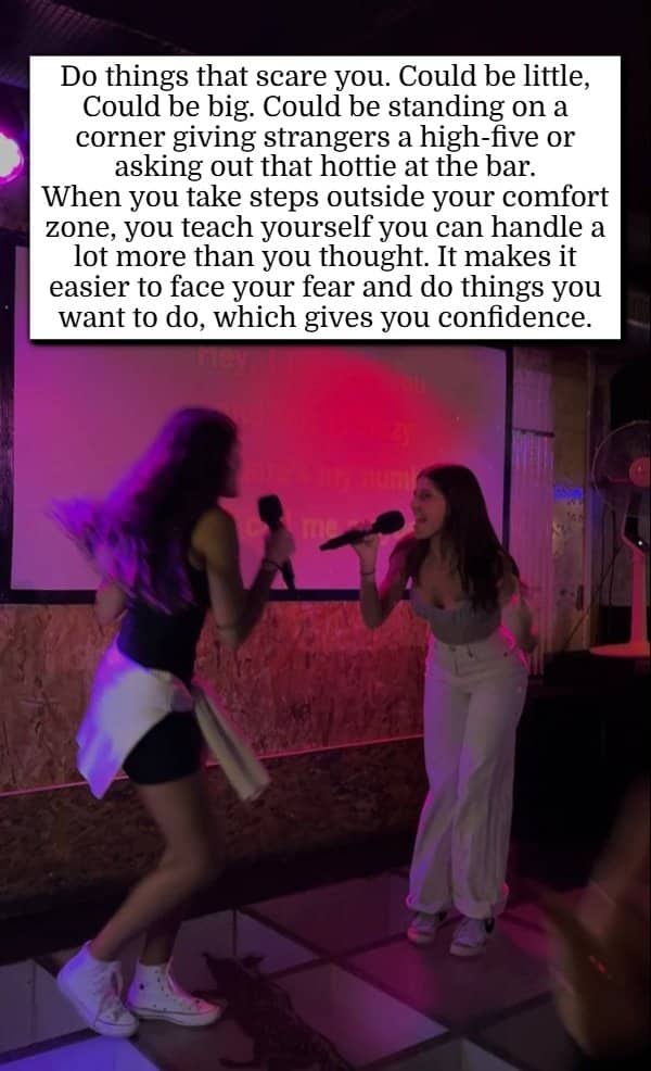Two women singing karaoke together at night with confidence hacks text overlay.