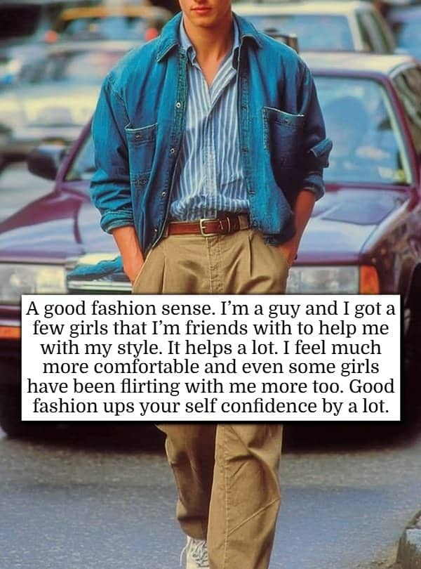 Stylish man walking down street in denim shirt with confidence hacks advice.