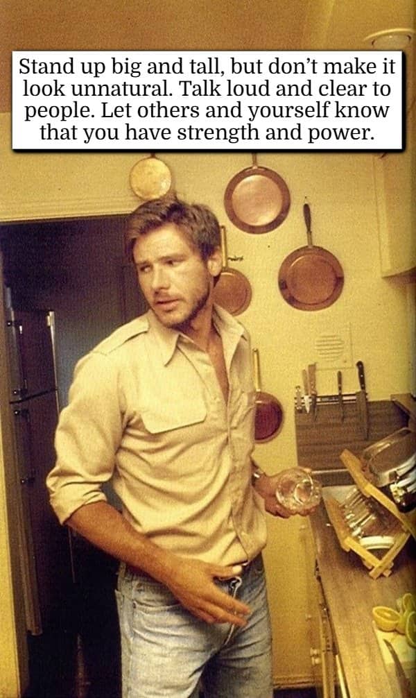 Young Harrison Ford standing in vintage kitchen with text about posture confidence hacks.