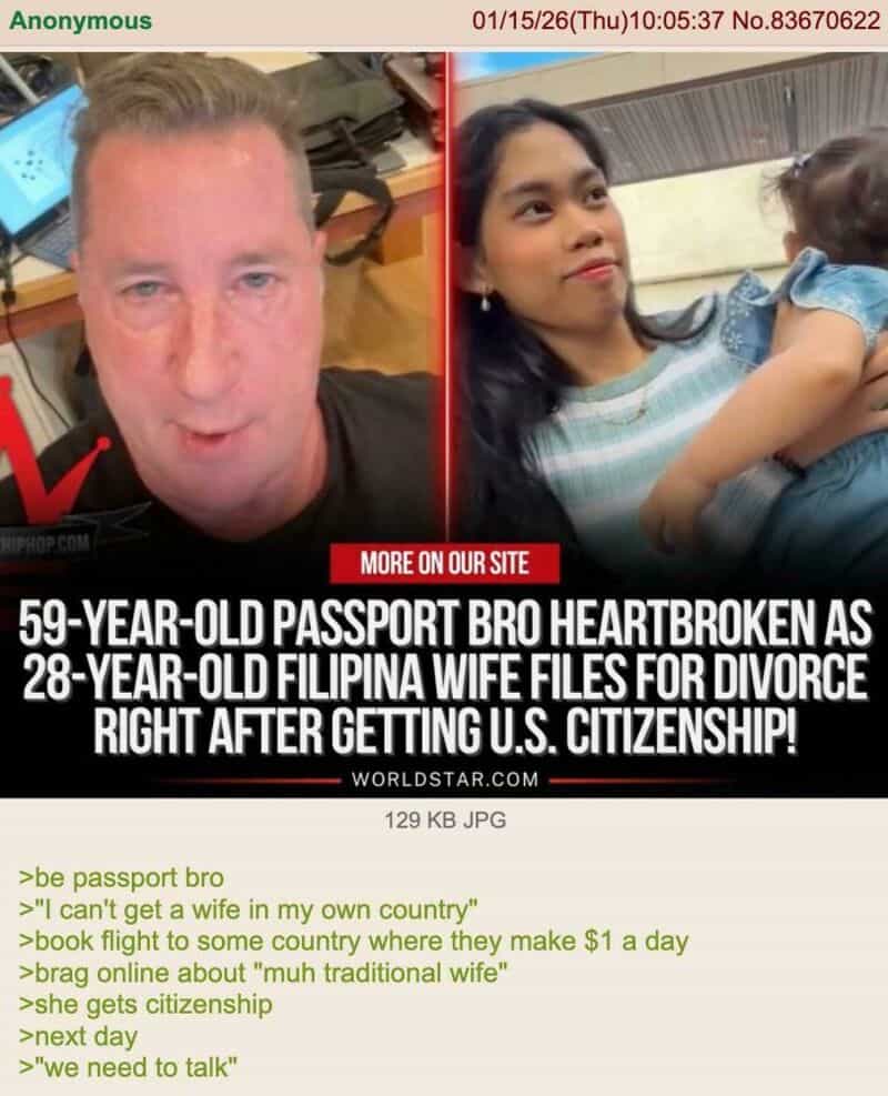 4chan green text meme discussing a passport bro getting divorced after obtaining citizenship.