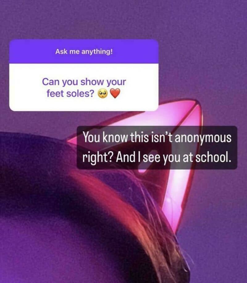 Instagram Q&A screenshot where someone asks for foot pics, forgetting the box isn't anonymous.