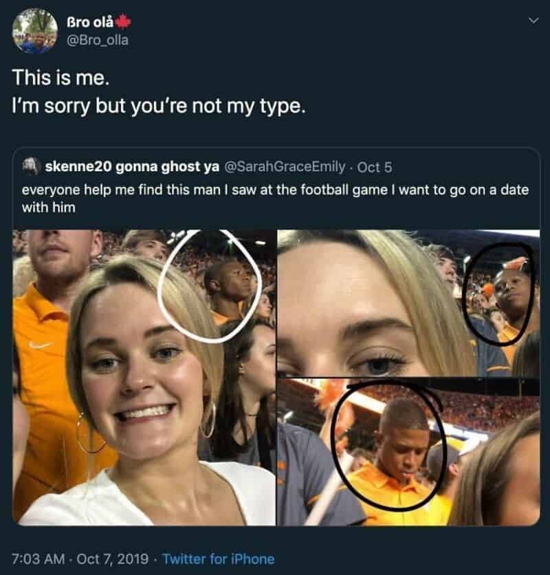 Twitter exchange where a woman posts a crowd photo and a man rejects her.