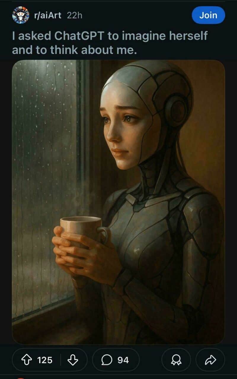 Reddit post from aiArt showing a melancholic female robot looking out a rainy window.