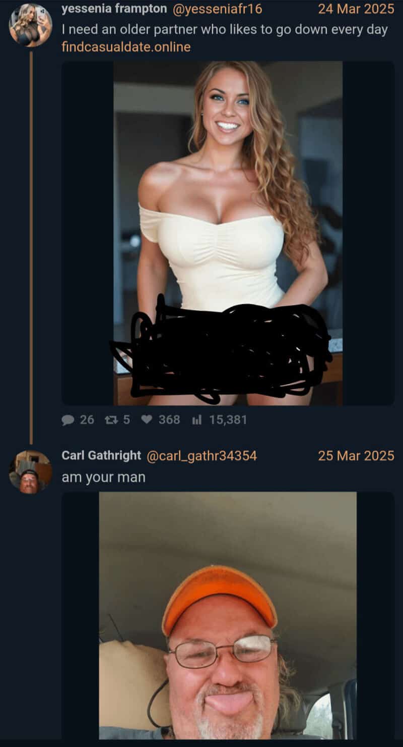 Twitter post showing an older man responding awkwardly to a bot account's promotional picture.