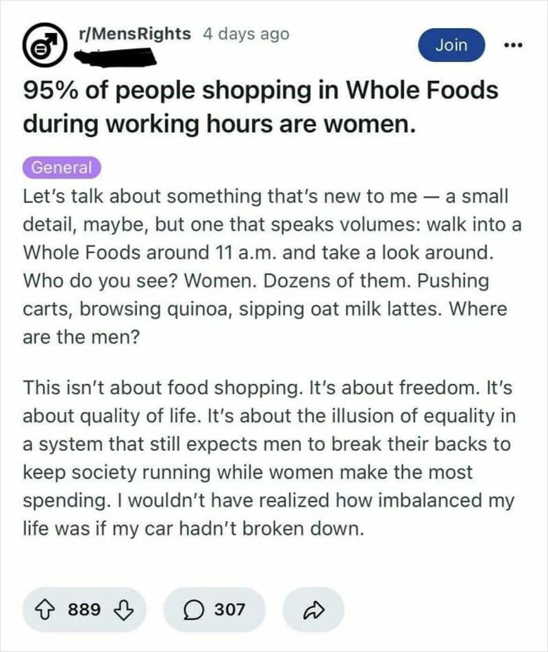 Reddit post on MensRights ranting about women shopping at Whole Foods during workday hours.