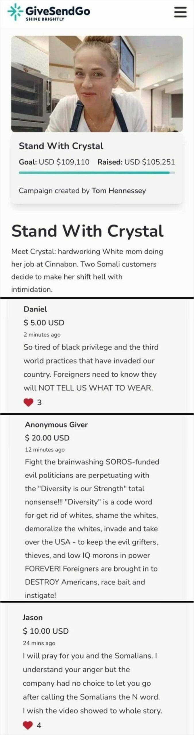 GiveSendGo crowdfunding campaign page displaying outrageously bizarre and hypocritical comments from donors