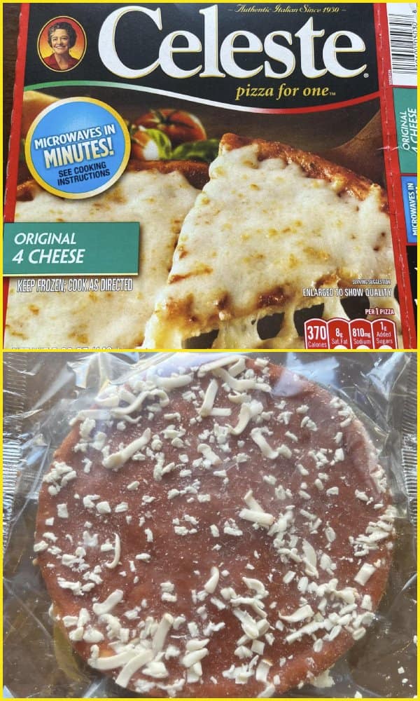 Packaging expectation versus reality comparison of a Celeste frozen pizza, showing a completely bare, cheeseless crust disc beneath the promotional box.